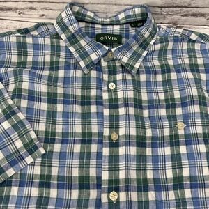 Orvis Shirt Men Large 100% Linen Blue/Green Plaid Short Sleeve Button Up Outdoor